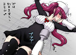 1boy 1girls bleach blush cum dokugamine_riruka female from_above fullbringer hanyapunifu hat hitachi_magic_wand long_hair lying male on_back pov red_eyes red_hair solo_focus sweat tears text tied_hair translation_request twintails vibrator