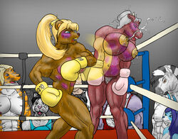 abs anthro anthro_only biceps big_breasts blood boxing boxing_gloves boxing_gloves_only boxing_ring breasts bruise couple equine feline female fight fur furry gloves group hellbridge lagomorph lapine male muscles muscular_female pecs pink_boxing_gloves pink_gloves pubic_hair punch pussy rabbit ring stripes tiger yellow_boxing_gloves yellow_gloves zebra