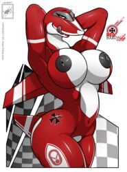 1girls 2012 aeromorph aircraft airplane anthro arms_behind_head big_breasts black_nipples breasts female female_only hi_res huge_breasts licking lips living_aircraft living_machine looking_at_viewer machine navel nipples nude original pose red red_baroness_(walter_sache) red_eyes solo standing stripes thick_thighs thighs tongue voluptuous walter_sache white_skin wide_hips