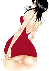 1girls ass back bare_back bare_shoulders big_ass black_hair bleach blue_eyes dark_hair dat_ass dress dress_tug dunga erect_nipples female female_only from_behind hips huge_ass kuchiki_rukia large_ass long_hair looking_at_viewer looking_back no_panties short_dress short_hair simple_background skirt skirt_pull solo standing white_background wide_hips