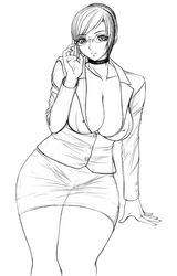 angelravishment anna_williams areola big_breasts breasts buttoned_shirt buttons choker cleavage erect_nipples female female_only glasses greyscale human monochrome pointy_chin skirt solo tekken thighs