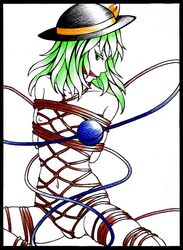 arms_behind_back ballpoint_pen_(medium) bondage colored_pencil_(medium) green_eyes green_hair hat koishi_komeiji looking_away navel nude rope sitting solo tosihakikumanori touhou traditional_media