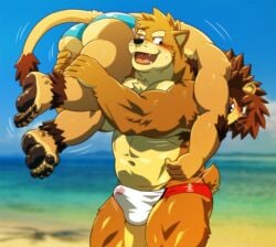 2boys anthro barefoot beach big_muscles blue_sky bulge bush_(disambiguation) canine carrying clothed clothing duo erection erection_under_clothes feline gay kemono kenta_shiba_(character) lion male male_only mammal muscular muscular_male rossciaco seaside shiba_inu sky solo speedo swimsuit topless water yaoi