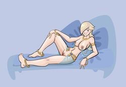 alternate_costume barefoot belly_dancer belly_dancer_outfit blonde_hair blue_eyes blush breasts bugaboo feet female female_only harem harem_girl harem_outfit human jewels mario_(series) navel nintendo nipple_rings nipples nude piercing princess_rosalina pussy solo toe_ring toes