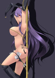 blush body_writing boots breasts bunny_ears bunnygirl censored chains convenient_censoring elbow_gloves fur gisyo gloves gold gold_chain highres large_breasts long_hair looking_at_viewer money no_bra nude panties panty_pull pole pole_between_ass pole_dancing profile purple_hair red_eyes reisen_udongein_inaba sideboob stripper stripper_pole tongue topless touhou tramp_stamp underwear very_long_hair