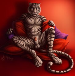 1boy 2013 balls blue_eyes claws collar dhaval digitigrade feline furry half-erect male male_only no_humans nude penis pillow rukis sheath sitting solo spreading tiger toes