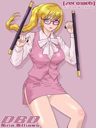 1girls alternate_costume baton blonde_hair blue_eyes breasts character_name death_by_degrees dual_wielding eyewear glasses legs long_hair makeup miniskirt namco nina_williams office_lady panties pantyshot pinky_out ponytail ribbon skirt solo solo_female tekken tekken_1 tekken_2 tekken_3 tekken_4 tekken_5_dark_resurrection tekken_blood_vengeance tekken_tag_tournament tekken_tag_tournament_2 tekken_the_motion_picture thighs tied_hair tonfa underwear weapon white_panties zero_hime