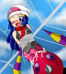 1girls ariados arms_behind_back arms_tied blue_hair blue_sky blush dawn_(pokemon) female hat helpless human monster pokemon refuto restrained scared spider_web vore web wince