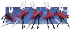 arthropod_girl ass black_eyes black_skin blue_background border cloak colored_skin commentary crossed_legs english_commentary female full_body high_heels highres holding holding_behind_back holding_weapon holding_weapon_behind_back hollow_eyes hollow_knight hollow_knight:_silksong horned_mask hornet_(hollow_knight) invisible_chair kajinman large_variant_set mask multiple_views needle_(hollow_knight) outside_border outstretched_arm over_shoulder paid_reward_available patreon_username red_cloak see-through_silhouette signature sitting solo standing thread variant_set weapon weapon_over_shoulder web_address white_border