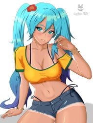 belly_button blue_eyes brazilian_miku mikuo_hatsune short_jeans tan_skin