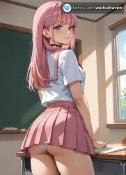 a_cup aa_cup ai_generated b_cup bb_cup breasts college college_uniform female long_hair panties petite petite_body pink_hair purple_eyes school school_uniform skinny skiny skirt small_boobies small_boobs small_breasts small_tits solo thin thin_body uniform upskirt viewer_pov white_panties young