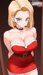 ai_generated android_18 bare_shoulders black_choker blonde_female blonde_hair blue_eyes boosterred99 choker christmas christmas_clothing christmas_outfit christmas_tree dragon_ball dragon_ball_z dress earrings large_breasts pony_diffusion_xl red_dress santa_costume seductive_look seductive_smile short_hair strapless thighs white_thong wide_hips