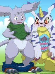 absurd_res anthro aroused balls bandai_namco clothing confusion cuntboy cuntboy_transformation digimon digimon_(species) duo erection fangs fingernails fur gabumon gazimon gender_transformation genitals grey_body grey_fur hi_res horn intersex long_tail male male_to_cuntboy mti_transformation nails oversized_clothing penis pussy sharp_fingernails sharp_nails story story_in_description tail teeth transformation winick-lim yamato_ishida