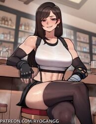 ai_generated crop_top crossed_legs final_fantasy final_fantasy_vii fingerless_gloves gloves large_ass ryogangg sitting skirt thick_thighs thighhighs tifa_lockhart