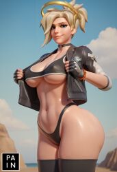 1girls 3d ai_generated black_choker black_gloves black_thighhighs blonde_hair blue_eyes blue_sky breasts choker cleavage covered_nipples day fingerless_gloves gloves halo highleg jacket jewelry large_breasts lips looking_at_viewer mercy navel nose open_clothes open_jacket outdoors overwatch panties pein sky smile solo stable_diffusion sweat thick_thighs thighhighs thighs underboob underwear