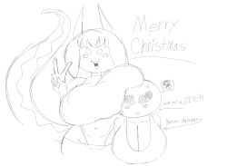 aerolei(coryhen) anger_vein annoyed annoyed_expression big_eyebrows breasts_on_head bushy_eyebrows chikani_(coryhen) coryhen_(artist) horns huge_breasts large_breasts merry_christmas original_character tail v_sign