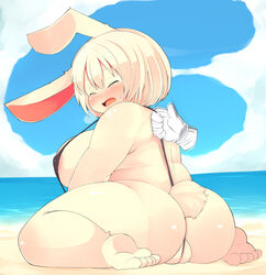 ass beach big_ass big_breasts blonde_hair breasts chubby color disembodied_hand female hair lagomorph mcdonnell-douglas nipples overweight plump_labia pussy rabbit red_eyes seaside skimpy sky sling_bikini water