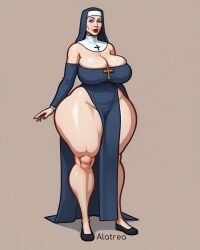 ai_generated alatrea bottom_heavy cleavage curvaceous curvy female gilf large_breasts mature_female milf nun nun_outfit older_female skimpy_dress thick_legs thick_thighs voluptuous