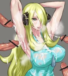 4boys aqua_eyes armpits arms_behind_head big_breasts blonde_hair breasts bukkake censored collarbone cum cum_on_arm cum_on_armpit cum_on_body cum_on_breasts cum_on_clothes cum_on_face cum_on_hair cum_on_shoulder cumshot cynthia_(pokemon) disembodied_penis female fully_clothed gangbang green_eyes hair_over_one_eye hands_behind_head human large_breasts male nintendo penis pixiv_manga_sample pokemon pokemon_dppt smell straight surrounded_by_penises unseen_male_face uya_(yurukah)