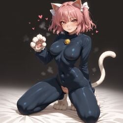 ai_generated animal_ears animal_hands bed bed_sheet bell black_bodysuit blush bodysuit breasts cat_ears cat_girl cat_tail covered_navel covered_nipples eyebrows_visible_through_hair female heart heart-shaped_pupils heart_cutout jingle_bell kemonomimi_mode kneeling looking_at_viewer medium_breasts on_bed paw_gloves paw_pose pink_hair pussy saigyouji_yuyuko short_hair skin_tight smile solo sweat tail touhou uncensored