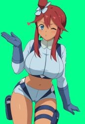 1girls ai_generated big_breasts big_thighs blowing_kiss blue_eyes clothed dark-skinned_female dark_skin female female_only game_freak gloves heart large_breasts large_thighs nintendo paulinebabe pokemon pokemon_bw red_hair skyla_(pokemon) wink winking_at_viewer