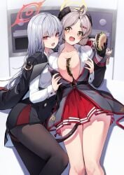 2d 2girls bare_legs big_breasts black_gloves black_pantyhose black_tail blue_archive breasts_squeezed_together burger center_opening chubby chubby_female cleavage ddangbi demon demon_girl demon_horns demon_tail food food_between_breasts gloves grabbing_another's_breast grabbing_breasts grey_hair gropping halo haruna_(blue_archive) holding holding_food inserting izumi_(blue_archive) light_brown_hair looking_at_another looking_at_partner looking_at_viewer multiple_girls open_mouth open_shirt pantyhose pleated_skirt red_eyes red_halo red_tail seductive seductive_eyes shirt_lift surprised surprised_expression surprised_face touching_pussy two_tone_tail video_game video_game_character video_games white_shirt yellow_halo yuri