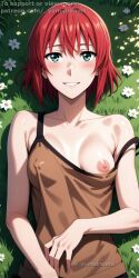 _yumidreams ai_generated bare_shoulders blush breast_out breast_outside brown_shirt collarbone female female_focus female_only flowers grass green_eyes hatori_chise lying lying_on_back mahoutsukai_no_yome medium_breasts nipples no_bra one_breast_out outdoors patreon_username red_hair short_hair small_breasts smile strap_slip teeth the_ancient_magus_bride upper_body