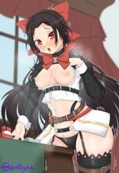 black_hair blush bow breasts collarbone commentary crotch_rub curtains cx4_storm_(girls'_frontline) d0gduk earrings female forehead girls'_frontline hair_between_eyes hair_ornament hairbow highres jewelry looking_at_viewer masturbation medium_breasts navel panties pussy_juice ribbon solo table_humping thighhighs tongue tongue_out underwear window