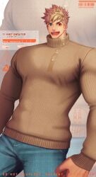 1boy bara beefy biceps big_breasts big_hands blonde_hair blue_eyes disproportional gay heterochromia hi_res hunk jeans knitted_sweater long_sleeves looking_at_viewer male male_breasts male_only manly mature_male meisho_hanten muscles muscular muscular_arms muscular_male open_mouth oppai original original_character pecs red_eyes short_hair solo standing sweater text thick_arms tight_clothing tough_guy v-shaped_eyebrows very_high_resolution wide_eyed wide_shoulders yaoi