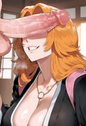 1girls ai_generated bleach bleach:_the_thousand-year_blood_war creamy_ai female imminent_fellatio imminent_oral imminent_sex light-skinned_female light_skin long_hair matsumoto_rangiku mature mature_female milf mommy orange_hair tagme