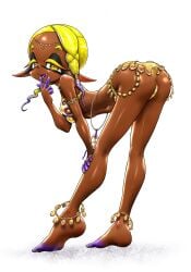 ass bending_over big_forehead dark-skinned_female dark_skin fangs feet frye_(splatoon) frye_onaga inkling jewelry koharuno2 long_ears splatoon splatoon_(series) splatoon_3 tentacle_hair thighs tummy