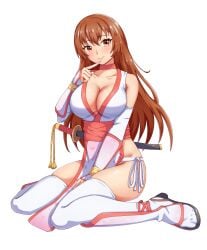 arm_guards breasts brown_eyes brown_hair cleavage curvaceous dead_or_alive female gloves japanese_clothes kasumi_(doa) koei_tecmo large_breasts long_hair no_bra no_panties no_underwear revealing_clothes smile solo tagme tecmo thighhighs thighhighsarm_guards wariza