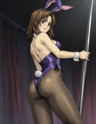 ass brown_hair bunny_ears cowboy_shot detached_collar dutch_angle female from_behind highleg_leotard holding_pole initial_d kyoko_iwase leotard medium_breasts medium_hair pantyhose playboy_bunny pole pole_dancing purple_eyes smile stripper_pole wrist_cuffs