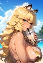 1girls ai_generated animal_ear_fluff animal_ears animal_print bangs bare_shoulders beach bikini blonde_hair blue_sky blush breasts bubble_tea bubble_tea_challenge cleavage clothing cloud cup curvaceous curvaceous_female curvaceous_figure curvy curvy_figure day disposable_cup drink drinking_straw female female female_focus female_only fingernails genshin_impact green_eyes hair_between_eyes holding holding_cup huge_breasts jewelry large_breasts lips long_hair looking_at_viewer miyuai mole mole_under_mouth ocean original outdoors sky solo sweat swimsuit tail tan_body tan_skin tanned tanned_female tanned_girl tanned_skin thighs tiger_ears upper_body voluptuous voluptuous_female water xilonen_(genshin_impact) yellow_bikini