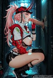 2d ai_generated alley aqua_hair baseball_cap belt breasts breasts_out cap fishnets glory_hole green_eyes hi_res honkai:_star_rail horn icosilveraiart jacket_open kissing_penis licking_penis masturbation motion_lines multicolored_hair penis_grab pink_hair ponytail rappa_(honkai:_star_rail) self_upload shaking shirt shirt_lift shorts sleeves tagme thick_ass thick_thighs thong tongue tongue_out