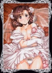 1girls breasts bride bride_gown cleavage dress_lift gloves highres large_breasts panties pubic_hair see-through see-through_panties urushihara_satoshi wedding_dress