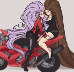 2girls artist_logo arya_(bighairlover0) big_breasts big_hair black_dress brown_hair choker cleavage clothed fully_clothed jacket leefysaurus long_hair motorcycle necklace original original_character purple_hair very_long_hair watermark