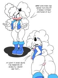 angry anthro anus archie_comics areola ass barely_sly big_breasts big_butt black_horn blue_boots blue_clothing blue_eyes blue_footwear blue_topwear blue_vest blush blush_lines boots bottomless bovid breasts caprine clothed clothing cosplay cross-popping_vein dialogue ears_down eyelashes female footwear front_view fur genitals head_tuft horn idw_publishing lanolin_the_sheep_(sonic) looking_back low-angle_view mammal nipples open_mouth pink_areola pink_nipples pivoted_ears pussy sally_acorn sega sheep shoes simple_background solo sonic_(series) sonic_the_hedgehog_(archie) sonic_the_hedgehog_(comics) sonic_the_hedgehog_(idw) sonic_the_hedgehog_(series) tan_body tan_fur text thick_thighs topwear tuft vest white_background white_body white_fur wide_hips