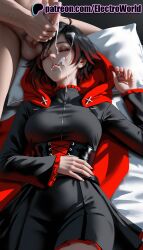 1boy 1girls 2025 ai_generated artist_name black_dress black_hair cock cum cum_in_mouth dick dress electroworld facial female hi_res high_quality high_resolution highres male_pubic_hair multicolored_hair patreon patreon_username penis pillow pubic_hair red_hair ruby_rose rwby short_hair sleeping stable_diffusion straight watermark