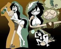 1boy 1girl 1girls big_breasts bimbo black_hair blushing blushing_at_partner breasts clothed_male covering_breasts dreaming drunk femdom green_panties hair_between_breasts hair_covering_breasts half_naked_female hands_on_legs hands_on_thighs horny horny_female hugging looking messy_hair nabooo14 nervous nervous_smile pale-skinned_female panties panties_only pegging pegging_male sitting_on_person skinny skinny_girl skinny_male stupidella stupidella_(character) thinking thought_bubble trollface wholesome