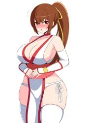 arm_guards blush breasts brown_eyes brown_hair chocker cleavage dead_or_alive female gloves huge_breasts japanese_clothes kasumi_(doa) koei_tecmo large_breasts long_hair no_bra no_panties no_underwear ponytail revealing_clothes solo tagme thick_thighs thighhighs