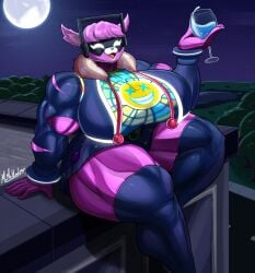 1girls anthro bear big_breasts breasts building busty clothing dj_bop fortnite giantess huge_breasts large_breasts macro mrmelted png sitting thick_thighs ursid wide_hips