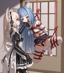 2girls absurdres animal_ears artist_request blonde_hair blue_hair bodysuit bondage bondage bondage bound bound_arms bound_legs censored hanging highres latex latex_bodysuit latex_thighhighs long_hair maid multiple_girls no_panties original pleated_skirt purple_eyes red_eyes restrained sailor sailor_collar school_uniform shibari_over_clothes skirt spread_legs thighhighs very_long_hair white_thighhighs yuri