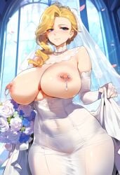 1girls ai_generated areolae azur_lane big_breasts blonde_hair blue_eyes breasts hood_(azur_lane) huge_breasts large_breasts looking_at_viewer looking_pleasured mature_female milf nipple_piercing nipples smiling smiling_at_viewer wedding_dress wedding_veil