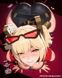 1girls all_fours ass blonde_hair booty_shorts breasts burnice_white dumptruck_ass english_text fat_ass large_breasts looking_at_viewer pawg red_eyes smile sunglasses sunglasses_on_head thick_ass twintails wide_hips zenless_zone_zero