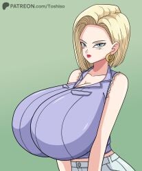 1female 1girls android_18 big_breasts big_breasts blonde_female blonde_hair blonde_hair breasts breasts cleavage dragon_ball dragon_ball_z female female female_focus female_only huge_breasts huge_breasts large_breasts large_tits massive_breasts massive_tits shounen_jump tagme toshiso