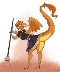 apron ass barefoot black_dress breasts broom dress enmaided female from_behind full_body furry holding large_breasts looking_back maid maid_apron monster_girl no_panties orange_hair puffy_short_sleeves puffy_sleeves signature solo standing tail wings