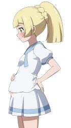 blonde_hair blush early_pregnancy green_eyes hand_on_hip hand_on_own_stomach lillie_(pokemon) mnkr98 nintendo pokemon pokemon_sm ponytail pregnancy pregnant pregnant_female side_view skirt small_breasts smile