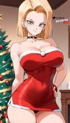 ai_generated android_18 bare_shoulders black_choker blonde_female blonde_hair blue_eyes boosterred99 choker christmas christmas_clothing christmas_outfit christmas_tree dragon_ball dragon_ball_z dress earrings large_breasts pony_diffusion_xl red_dress santa_costume seductive_look seductive_smile short_hair small_dress strapless thighs white_thong wide_hips