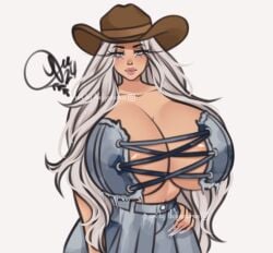 1girls artist_logo artist_name artist_signature cleavage commission cowboy_hay english english_text grey_eyes grey_hair large_breasts leefysaurus long_fingernails long_nails original original_character portrait tanned_skin very_long_hair